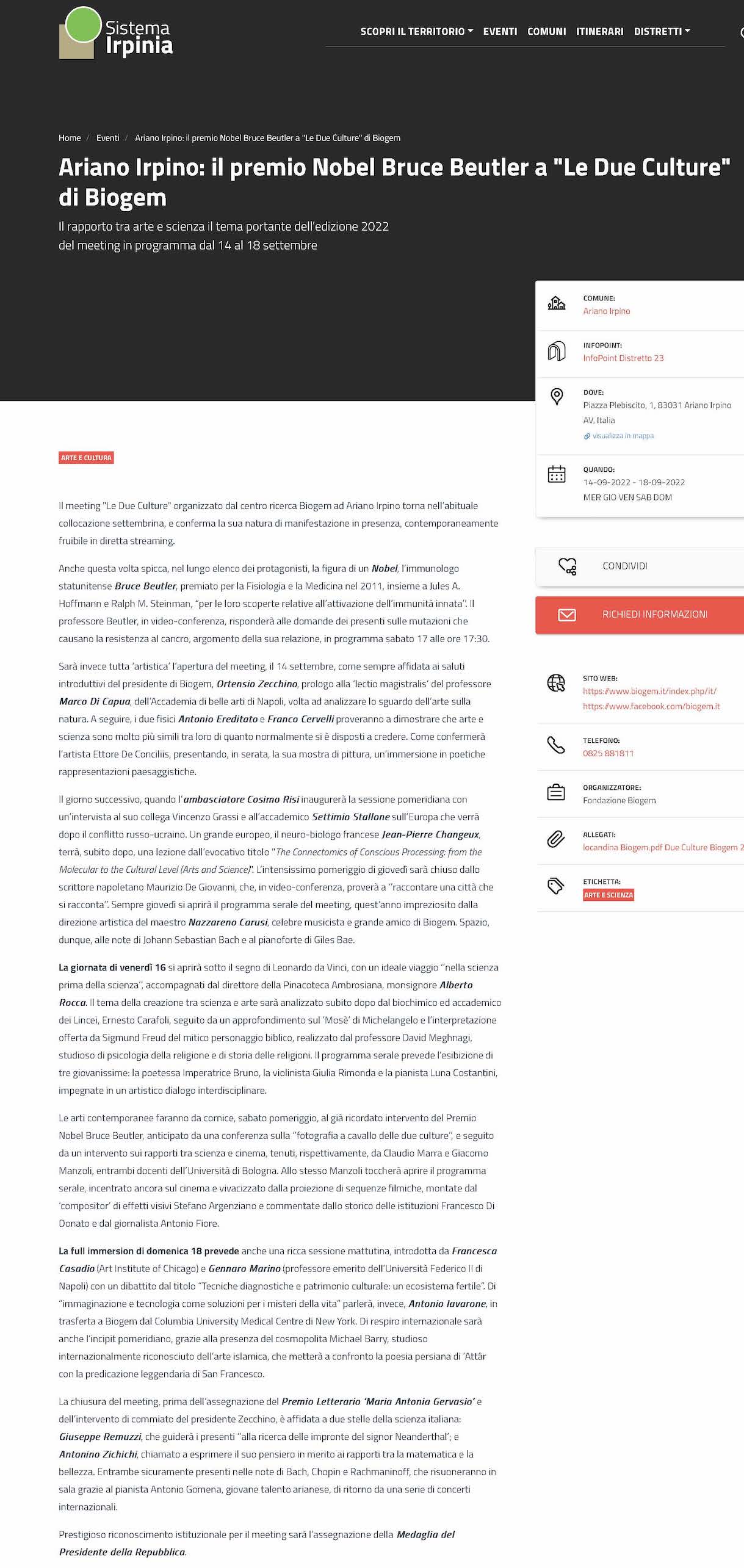 Ariano Irpino: il premio Nobel Bruce Beutler a "Le Due Culture" di Biogem